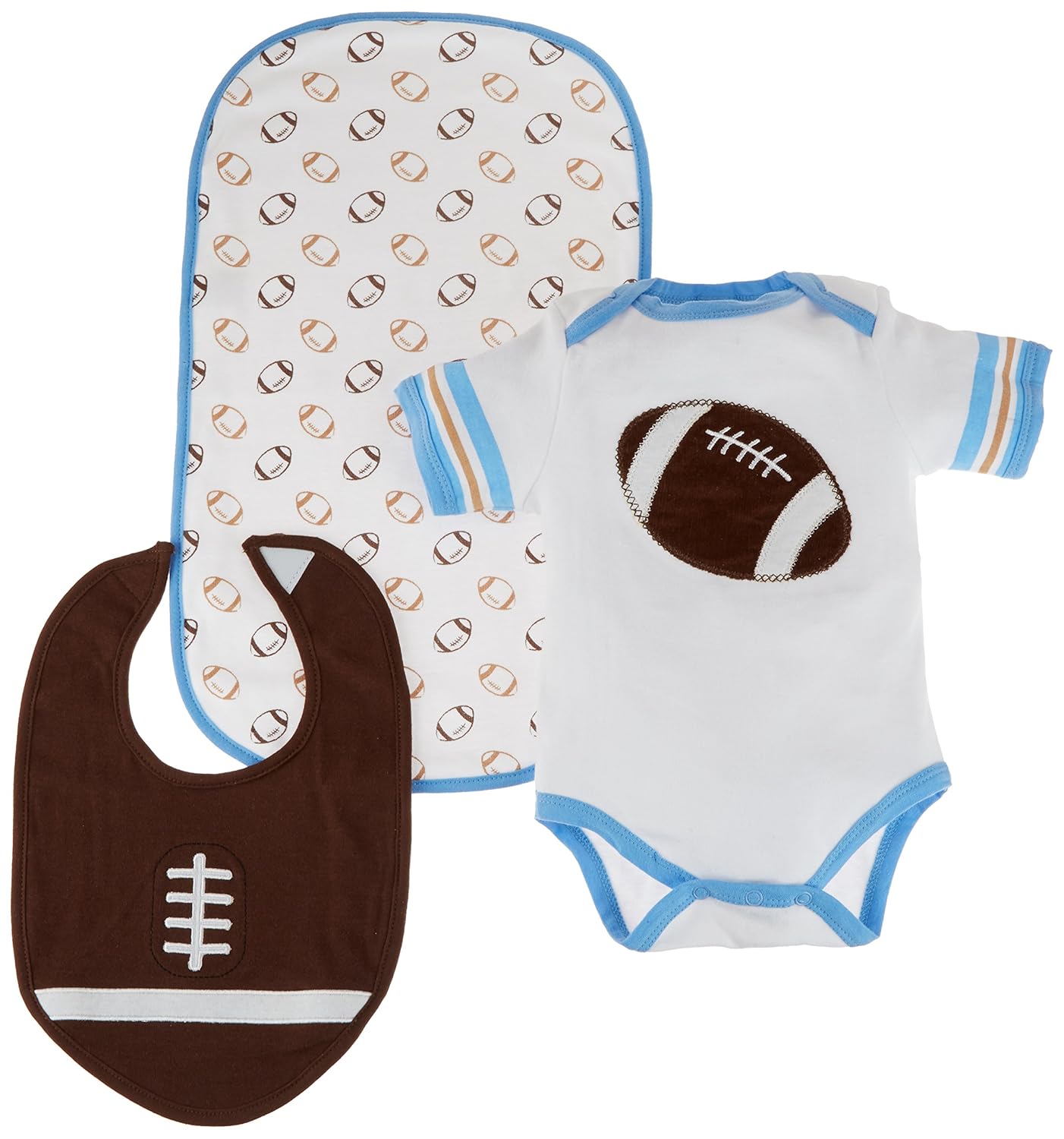 baby aspen, tiny touchdown 3 piece football themed layette set,
