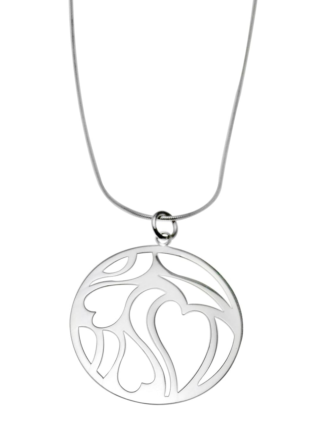 银色圆形心形镂空吊坠带蛇链41cm