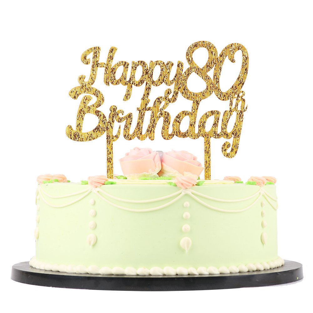 lxzs-bh 金色闪光亚克力生日蛋糕装饰,派对蛋糕装饰用品 80th 金色