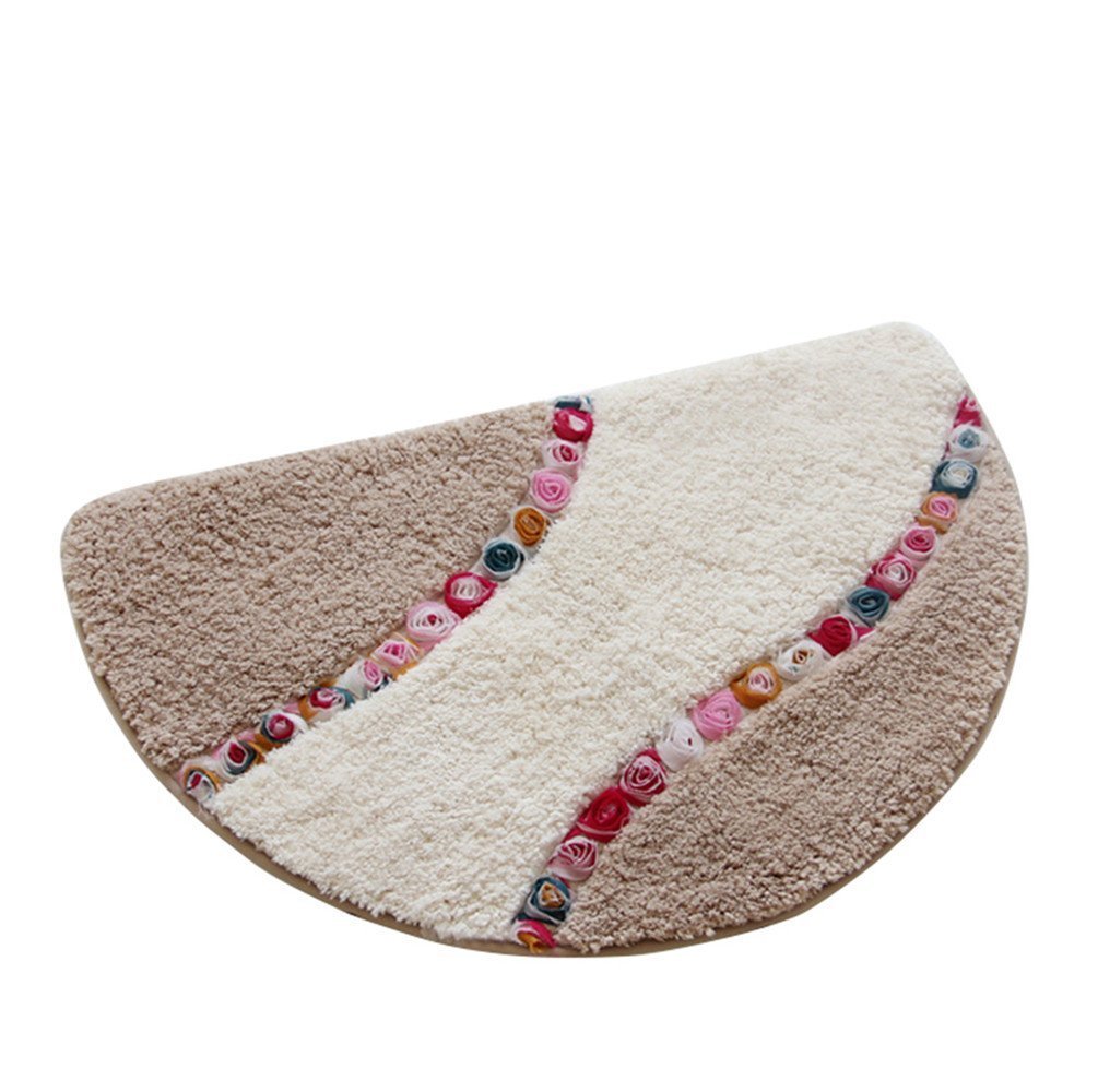 jsj_cheng 半圆形可爱玫瑰花图案防滑薄浴室地毯门垫 驼色 19.