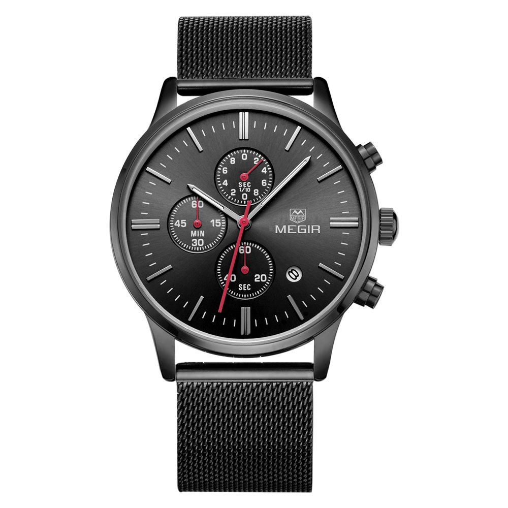 megir 经典防水夜光计时钢网面表带男式石英腕表 m2011