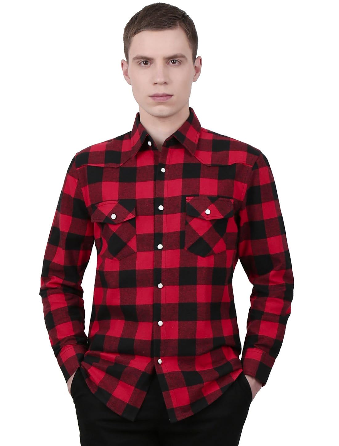 uxcell 男士长袖胸袋纽扣修身格子衬衫