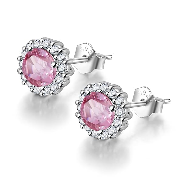 粉色碧玺天然宝石圆形 s925纯银石耳环耳钉耳环适用于女式女孩