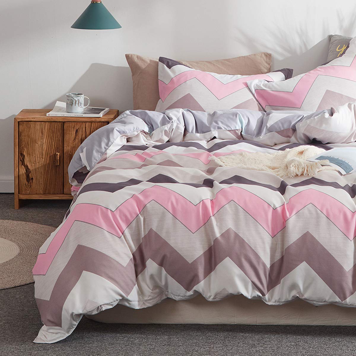 uozzi 床上用品 3 件套带拉链封口,蓝色灰色格子印花图案双面,拉丝