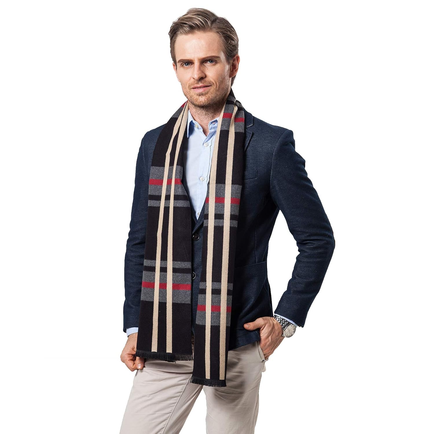 男士冬季羊绒围巾柔软保暖领饰 时尚设计师披肩 蓬松 休闲围巾