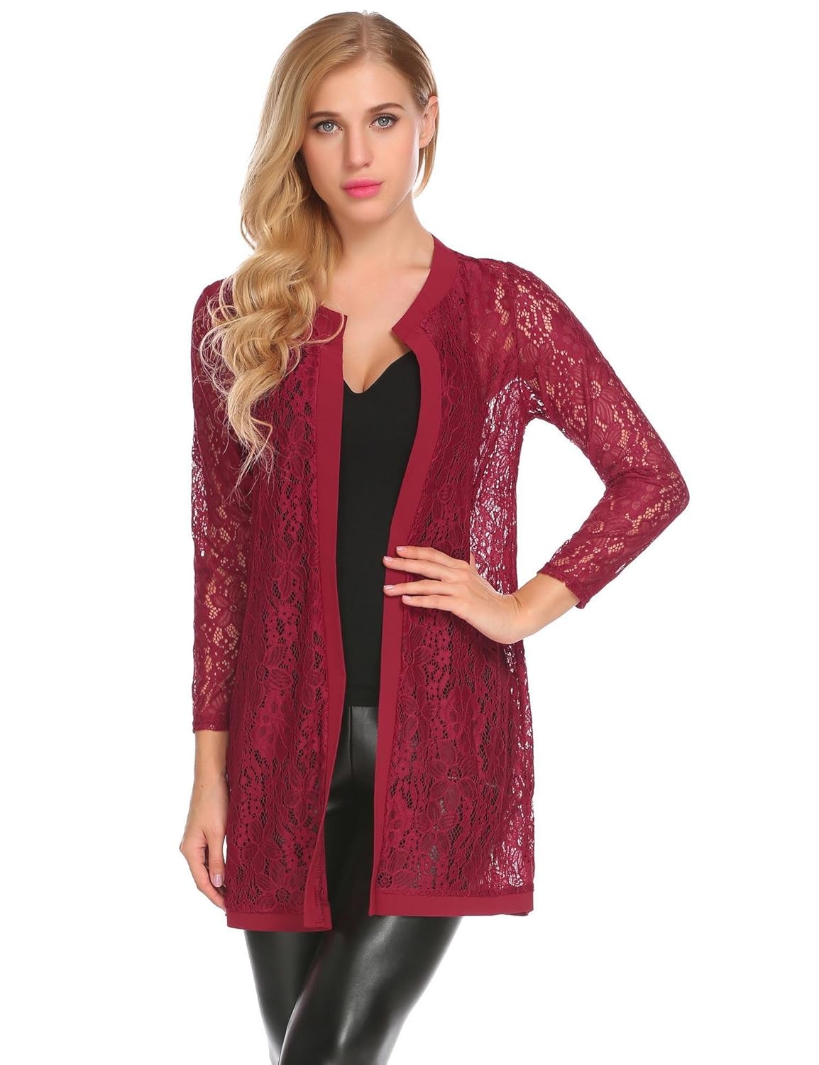 dethler 女士长袖蕾丝钩针前开修身开襟开衫上衣