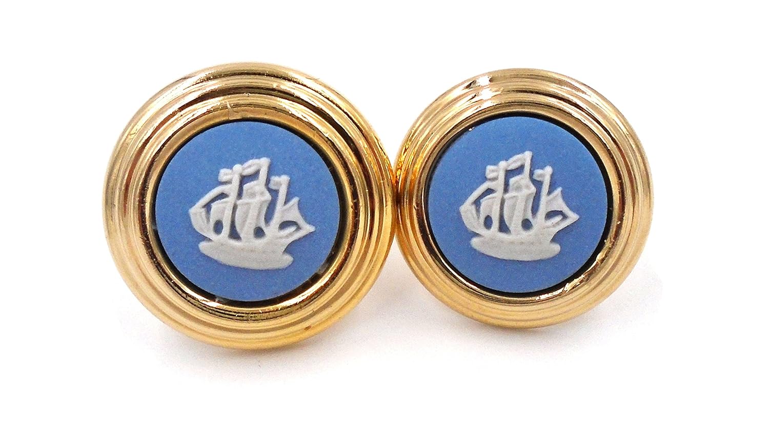 wedgwood :金色盘和蓝色 jasperware 耳环 " dutch 船 "