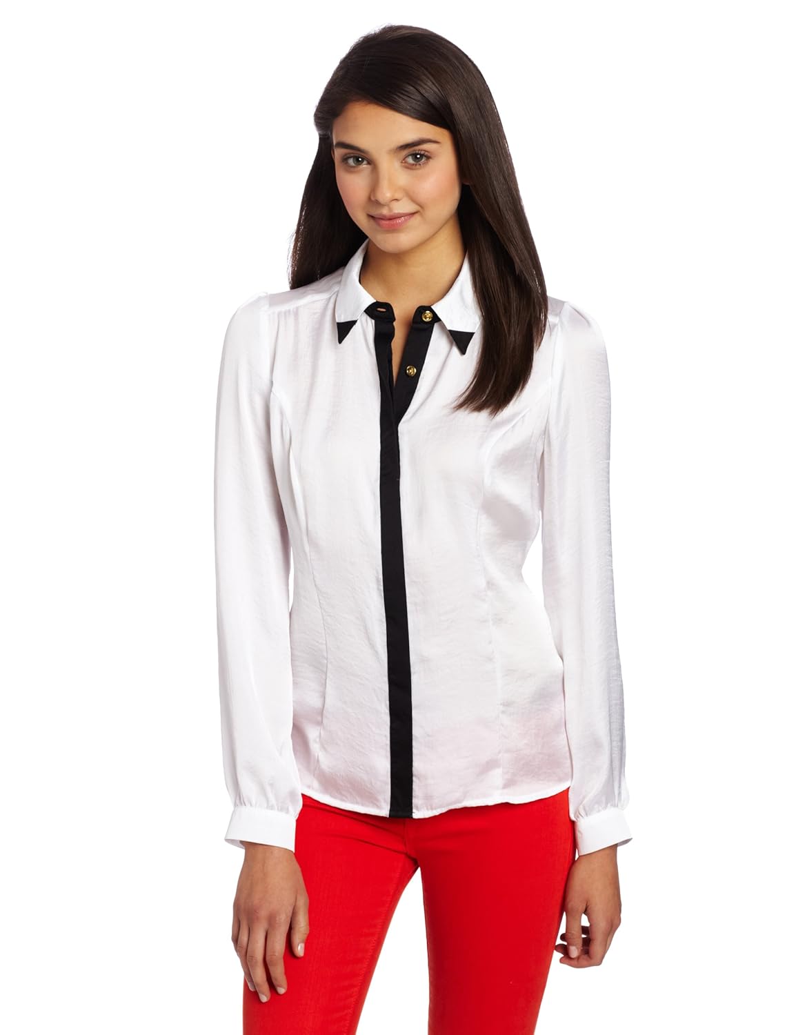 xoxo 青少年长袖翻领纽扣衬衫 白色/黑色 medium