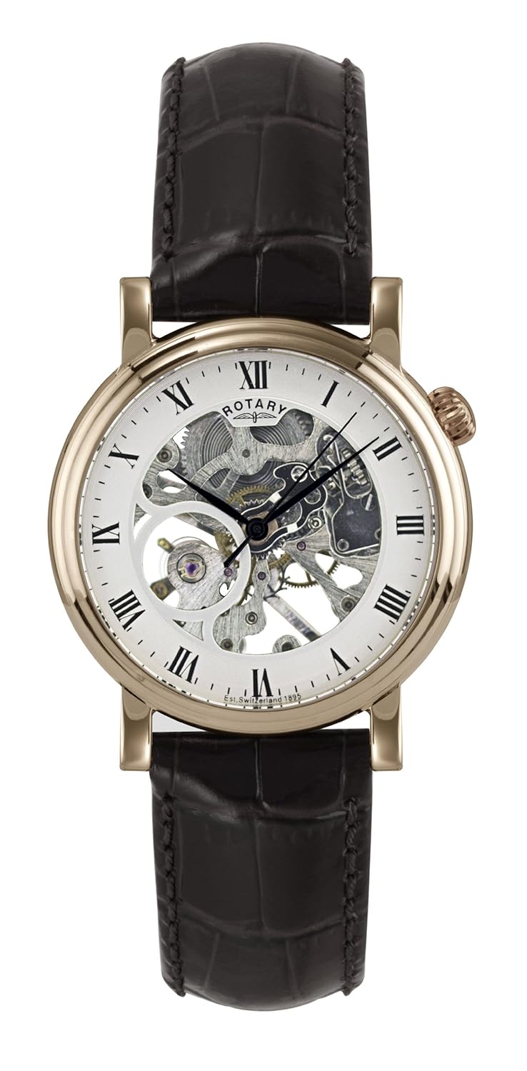 电动男式机械手表白色表盘 analogue 显示和棕色皮革表带 gs02843 