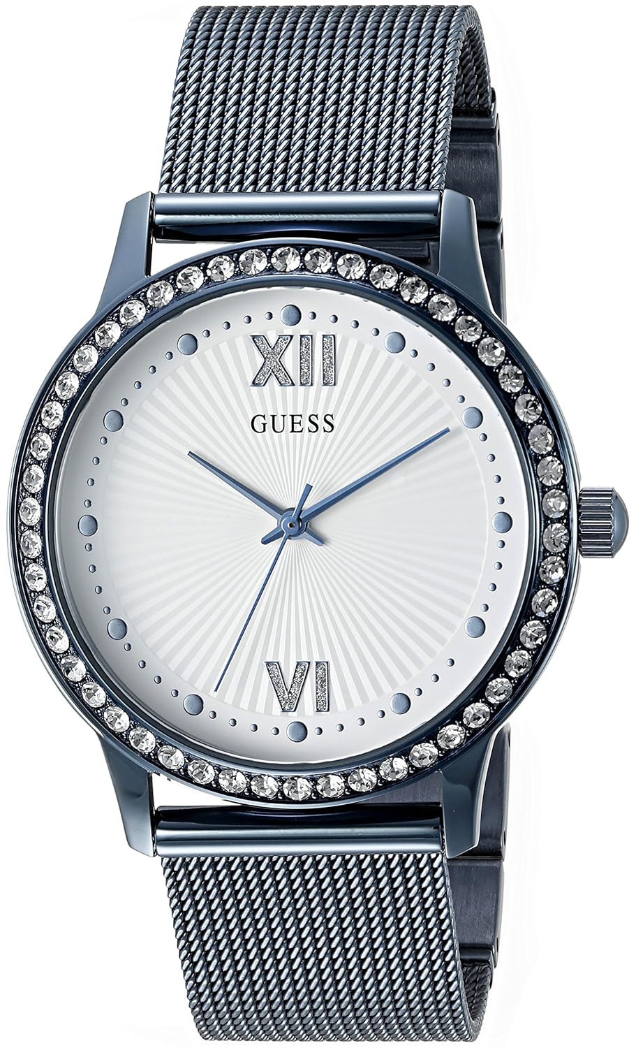guess 女式 u0766l4 时尚蓝色手表带白色表盘,水晶点缀表圈和网眼 g